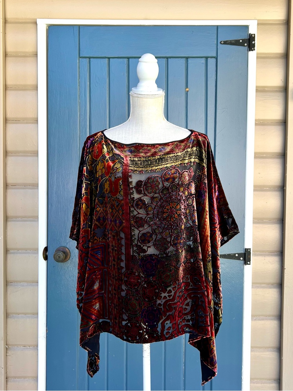 Chico's Silk Blend Velvet Burnout Poncho Top Red Patchwork Whimsigoth Boho OS